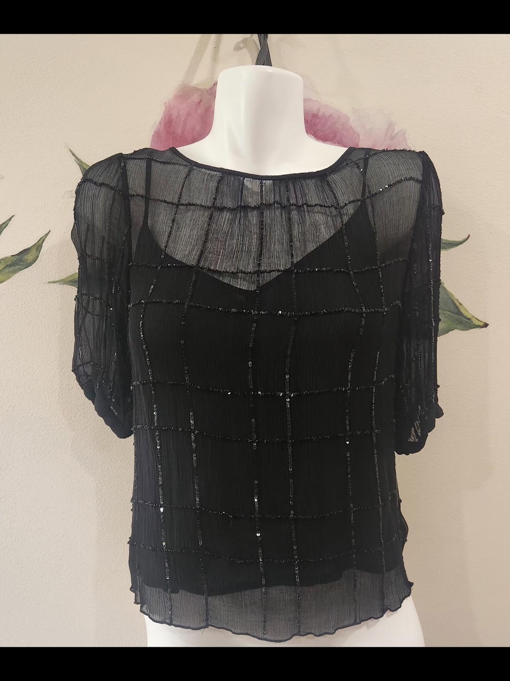Velvet Black Sheer Beaded Grid Blouse